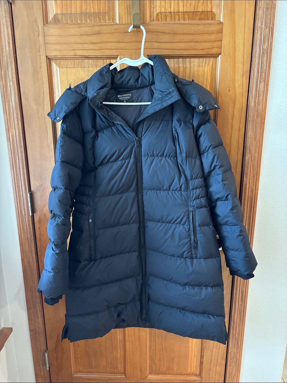 Athleta Navy Long Puffer Coat with Hood